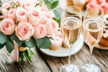 Pink rose bouquet and champagne glasses on rustic table symbolizing love, romance, joy, elegance, and intimacy. 