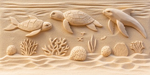 Beige Sand Sculpture of Marine Life on Beach