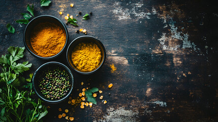 Selection of colorful spices on a wooden table in bowls