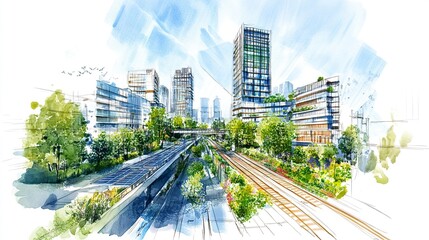 Urban planning hand sketch highlighting sustainable development integrating greenery solar grids and clean transit pathways.  