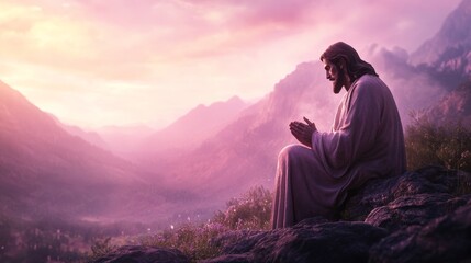 realistic depiction of Jesus praying, beautiful hazy background landscape, soft light, deep ultraviolet hues, vivid purples and high contrast.