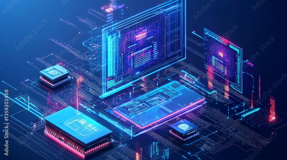 Poster cyberspace and artificial intelligence 3d illustration. digital technology and data security. comput