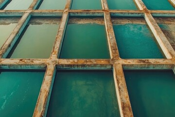 Rusty grid structure with greenish water beneath, showcasing ind