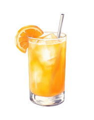 PNG Screwdriver cocktail with ice cubes and orange slice garnish. Watercolor illustration of vodka and orange juice drink	
