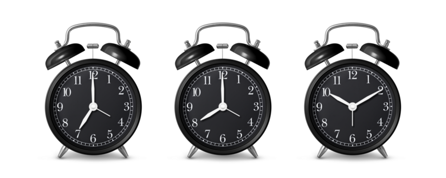 Black twin bell Alarm Clock analog classic vintage retro style, isolated on a transparent background, PNG. High resolution. 