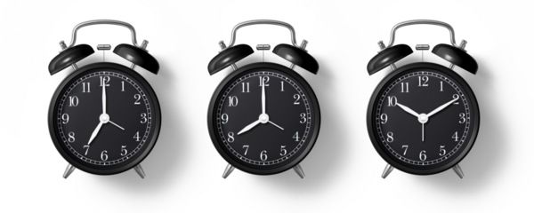 Black twin bell Alarm Clock analog classic vintage retro style, isolated on a transparent background, PNG. High resolution.