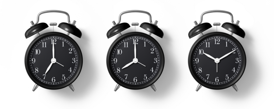 Black twin bell Alarm Clock analog classic vintage retro style, isolated on a transparent background, PNG. High resolution. 