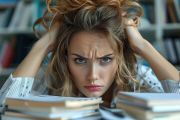 Stressed woman holding her head surrounded by papers in a cluttered office. Indoor portrait. Workload and stress management concept, generative ai