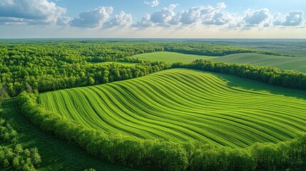 Rolling green hills and lush forests under a bright sky.  Aerial view