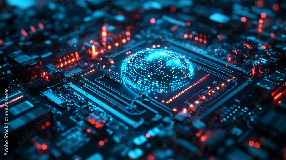 Poster cyberspace and artificial intelligence 3d illustration. digital technology and data security. comput