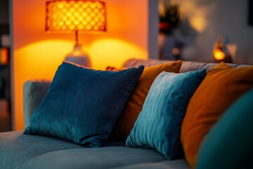 Home interior with living room decoration, couch with pillows and lamp for cozy atmosphere, warm mood for christmas and winter holidays celebration