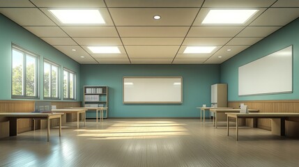 Obraz premium Sunlit classroom, teal walls, wooden desks, whiteboard