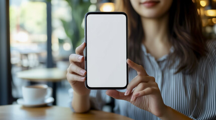 woman in striped shirt is holding smartphone with blank screen in cozy cafe setting, suggesting relaxed and inviting atmosphere