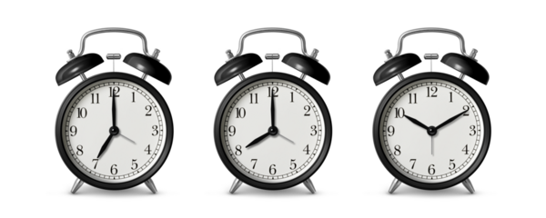 Black twin bell Alarm Clock analog classic vintage retro style, isolated on a transparent background, PNG. High resolution.