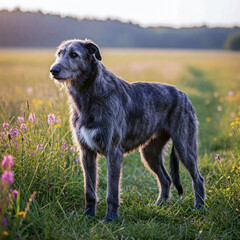 A towering and noble Irish Wolfhound standing tall in a wildflower-filled clearing, its wiry coat and powerful stance sharply captured