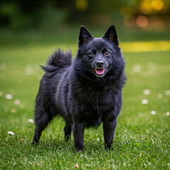 A confident and lively Schipperke standing in a bright green meadow, its sleek black fur shining under the sun in a perfectly sharp image