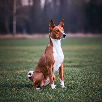 An alert and elegant Basenji sitting attentively on a sunlit grassy field, its perked ears and curled tail captured in perfect detail