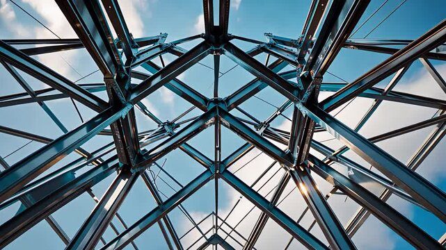 Modern architectural design featuring a detailed view of the steel frame structure and glass ceiling.

