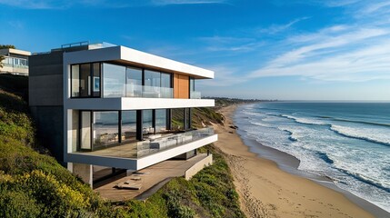 Obraz premium A sleek modern beach house with sharp lines and glass walls, waves rolling and breaking on the sandy shore below, warm sunlight reflecting off the ocean, serene luxury. 