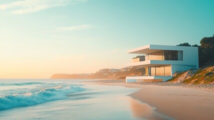 Fototapeta premium A sleek white villa perched on the shore, minimalist architecture with clean lines, turquoise waves gently lapping the beach, golden hour light illuminating the scene. 