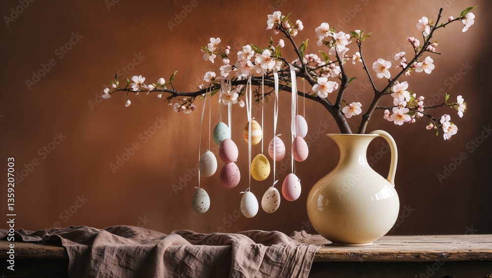 Poster colorful easter eggs hanging from a flowering branch in a rustic setting with a ceramic jug on a woo