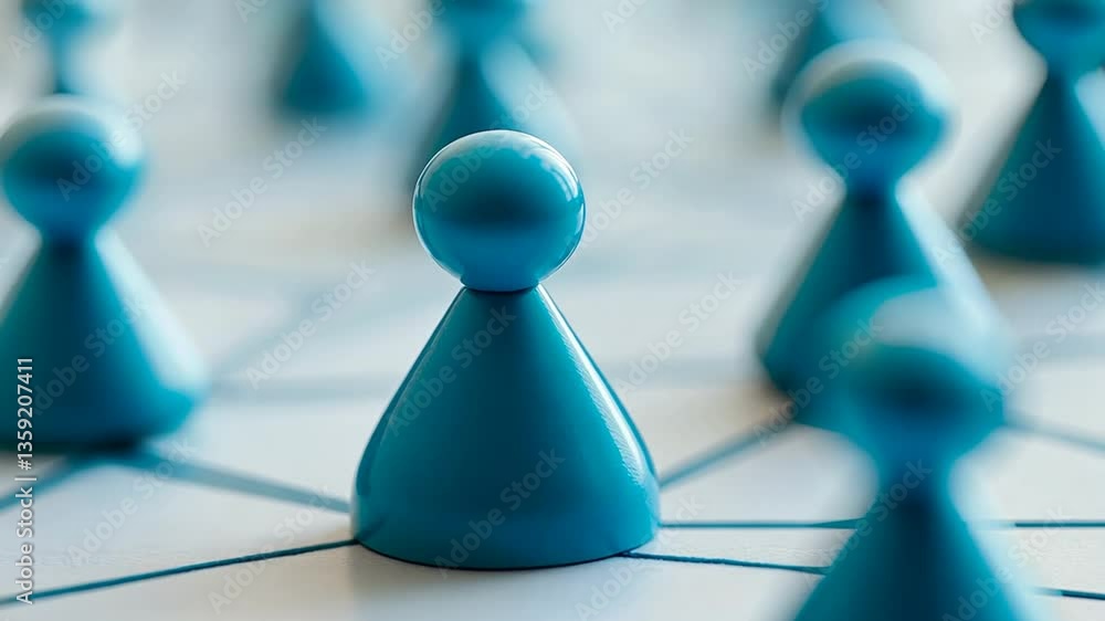Poster teamwork network concept with blue game pieces on a connecting board generative ai