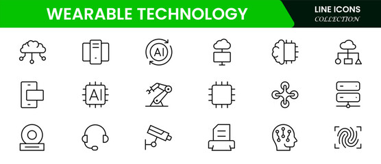 Vector icon for wearable technology. Depicts various wearable devices designed for fitness tracking, communication, and health monitoring.