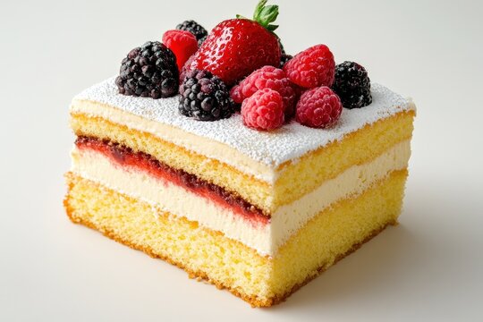 A delicious cake decorated with berries and dusted with powdered sugar