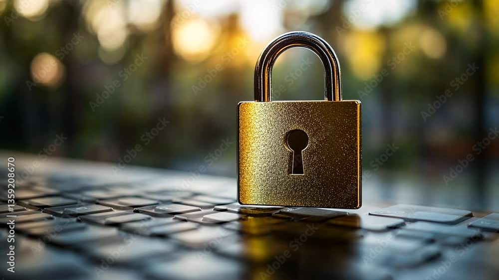 Poster cyber security lock placed on a laptop keyboard during sunset generative ai