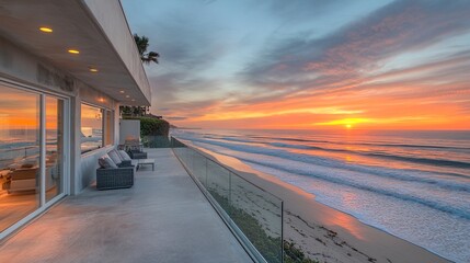 Fototapeta premium Beachfront condo with clean lines and expansive glass panels, a spacious balcony overlooking the sunset-lit ocean, waves rolling gently ashore, serene real estate allure. 