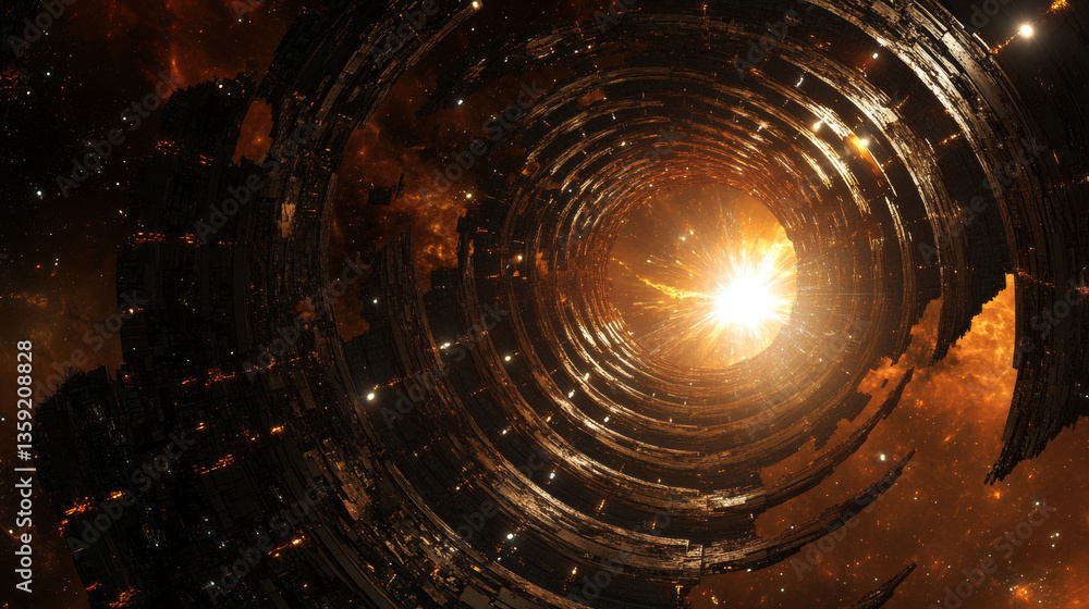 Poster virtuality. abstract tech background 3d illustration. star in a space tunnel of rotating blades. tem
