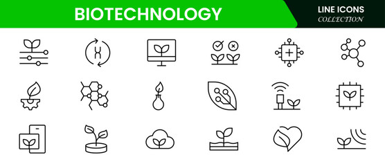 Biotechnology line icons. Includes icons for scientific, innovation, scientist, experiment, microscope, interaction, science. Minimalis  vector icon and illustration.