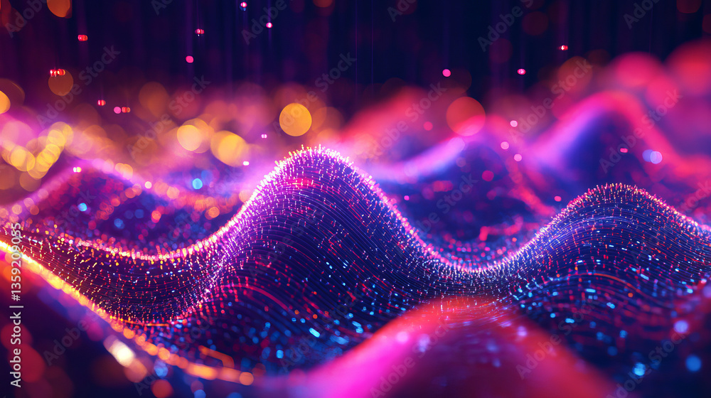 Poster big data cyber stream 3d illustration. rhythmic waves of electrical impulses in a neural network. so