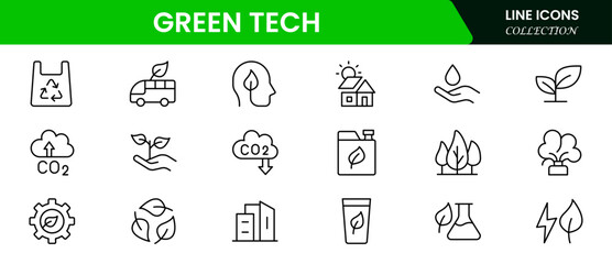 Green Tech & Sustainability vector icons for sustainability, solar, wind, clean power, green tech, net-zero, and eco solutions
