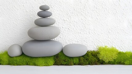 Serene Stacked Stones on Moss and White Wall Background