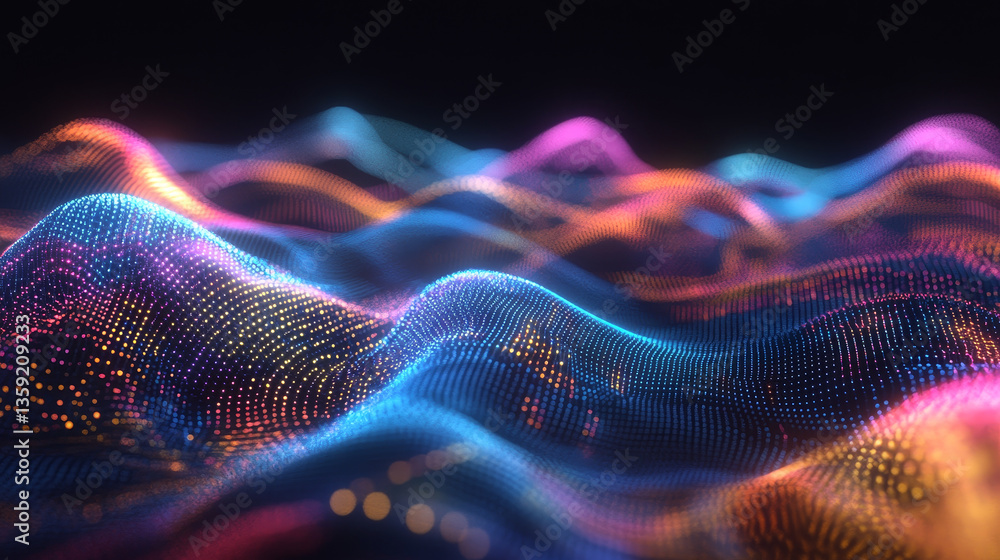 Poster big data cyber stream 3d illustration. rhythmic waves of electrical impulses in a neural network. so