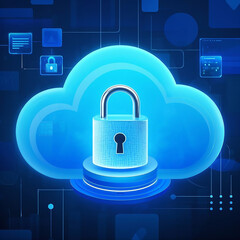 A digital security or cybersecurity concept. Central lock icon, Data protection, Privacy, Secure access, 
Virtual environment, Cybersecurity platforms, Secure file sharing, Cloud data protection.