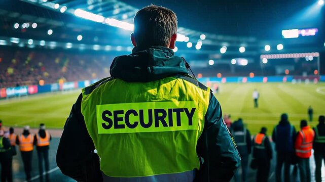 A security guard in a "SECURITY" outfit watches over a packed stadium while a soccer game is in progress.