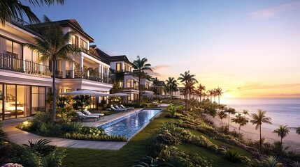 Fototapeta premium Beachfront resort estate with lavish villas, infinity pools reflecting sunset hues, lush palm-lined pathways, serene ocean backdrop, wide-angle emphasizing coastal opulence. 