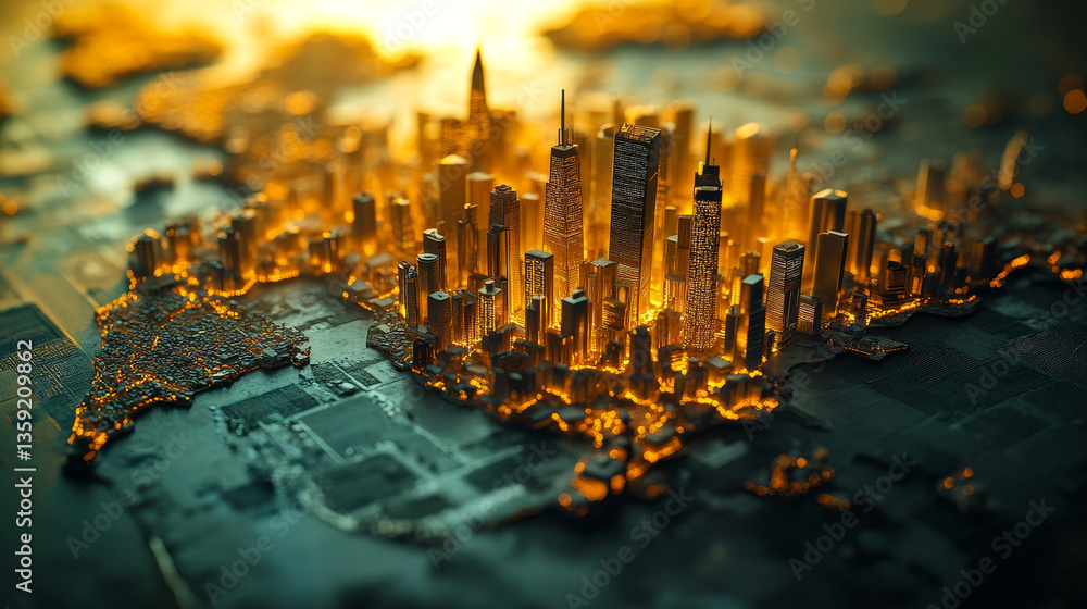 Poster technological innovation. map of continents with points of largest agglomerations. hud element. 3d i