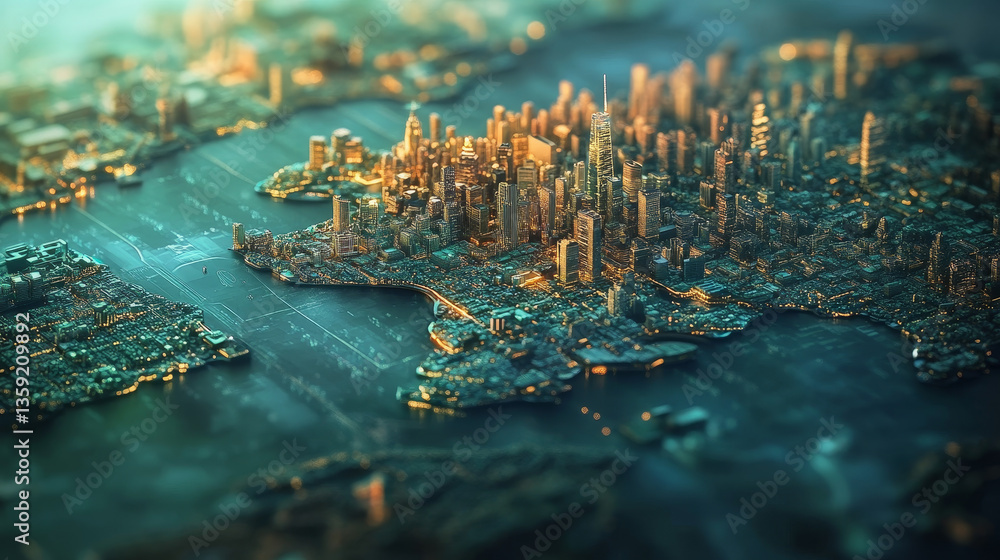 Poster technological innovation. map of continents with points of largest agglomerations. hud element. 3d i