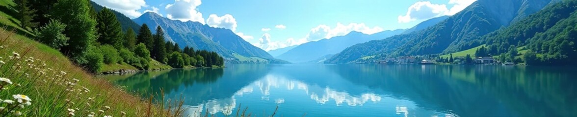 Obraz premium A captivating view of a serene lake nestled amidst majestic mountains under a clear blue sky on a sunny summer day, travel, majestic