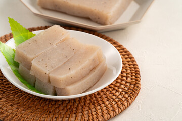 Raw konjac in square shape, also named konnyaku in Japan.