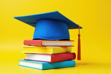Blue graduation cap on colorful stack of textbooks, yellow background,  yellow,  cap