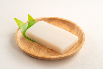 Raw konjac in square shape, also named konnyaku in Japan.