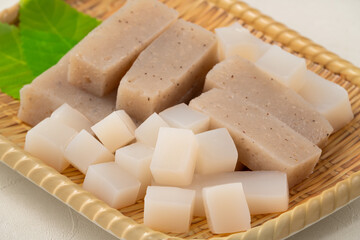 Raw konjac in square shape, also named konnyaku in Japan.