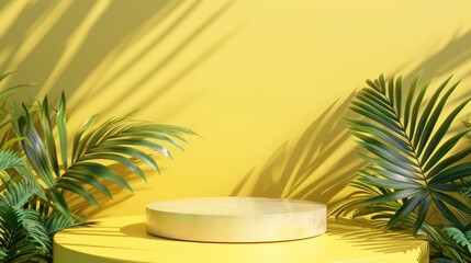 Obraz premium Golden cylindrical display platform sits on a yellow background, surrounded by lush green tropical leaves and dappled sunlight.