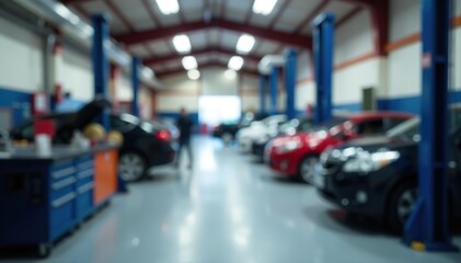 Blurred panoramic background of a busy car service center auto repair workshop with various tools and equipment,  blurred,  panoramic