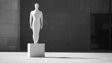 Minimalist Human Statue, smooth surfaces and simple lines, placed in an urban setting