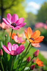 Fototapeta premium Beautiful blooming flowers in a sunny spring garden, sunlight, environment